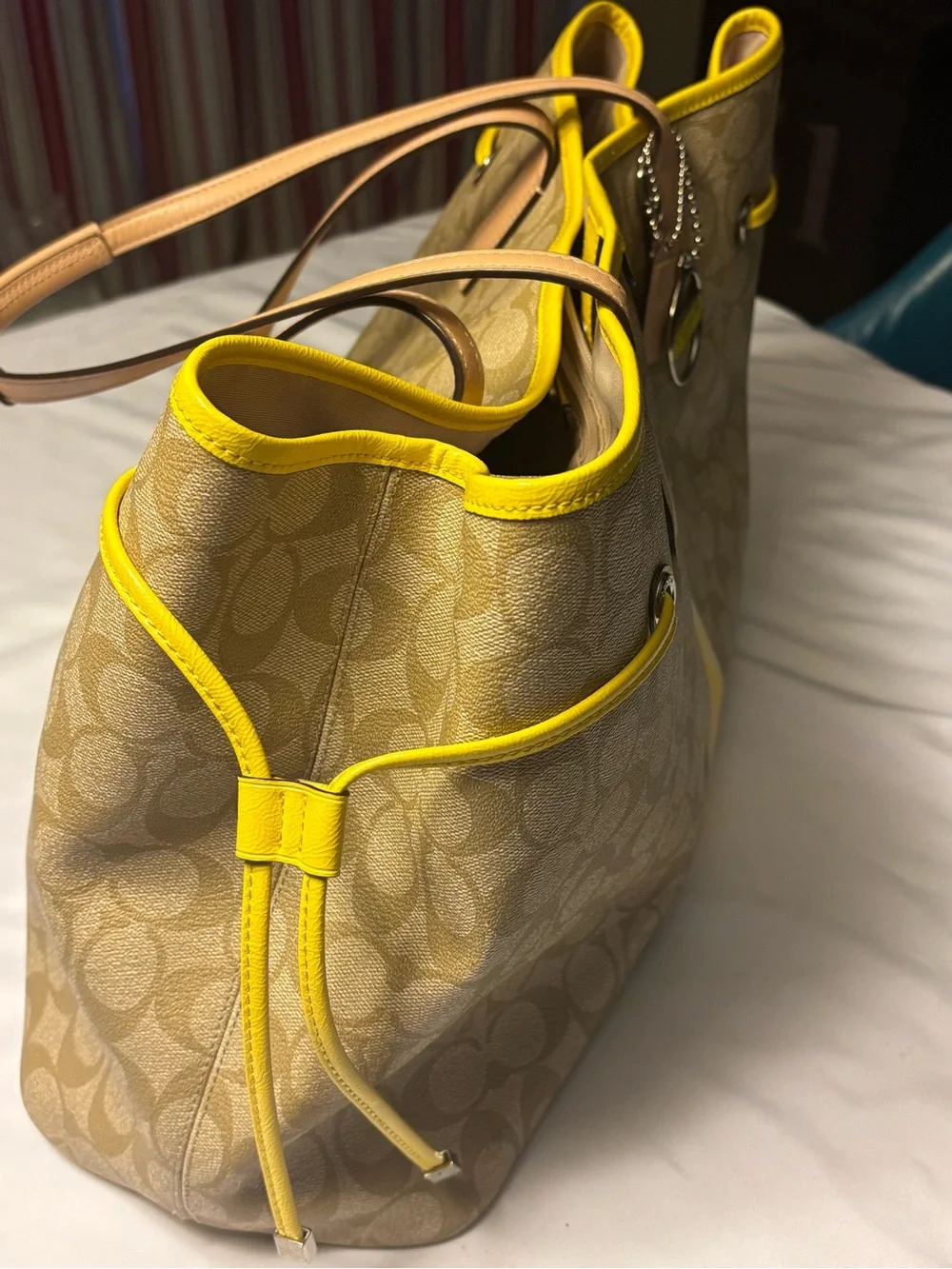 Coach Beige Signature Tote with Yellow Center Stripe. Used once!